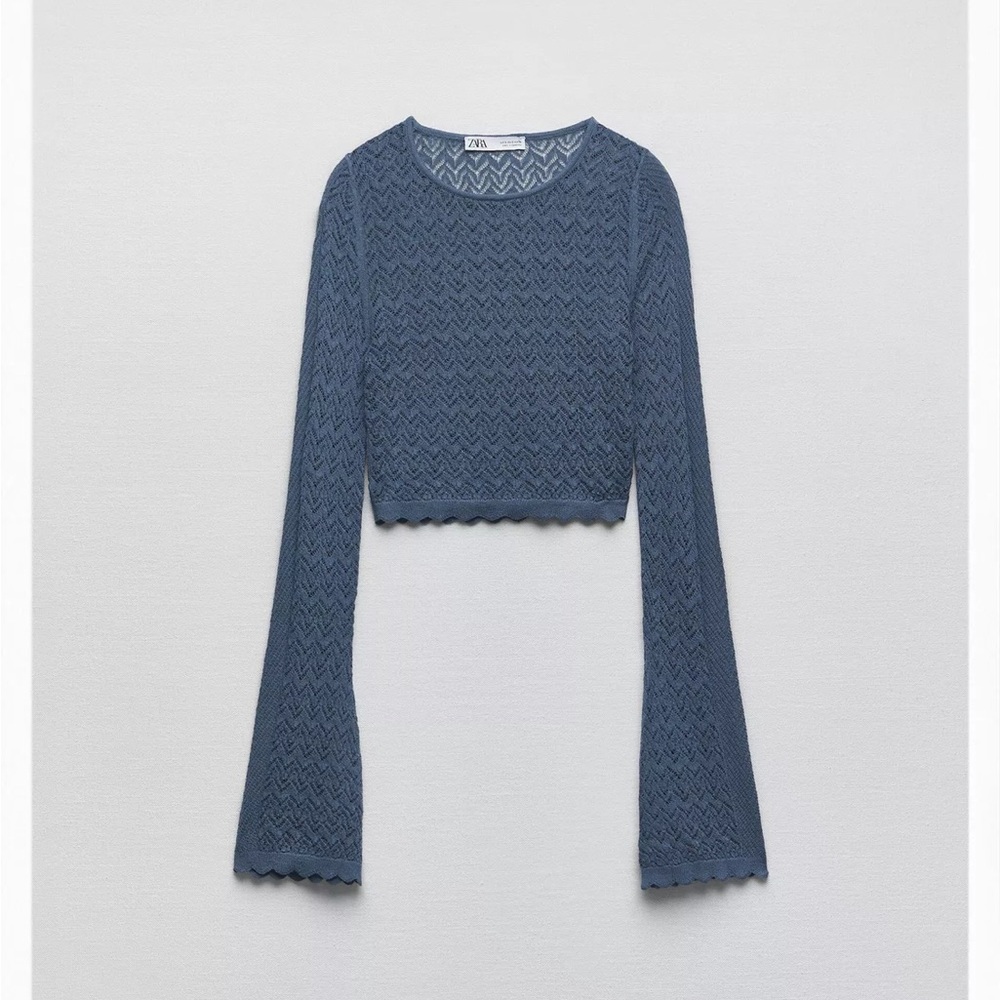 Zara Blue Textured Long Sleeve Crop Top